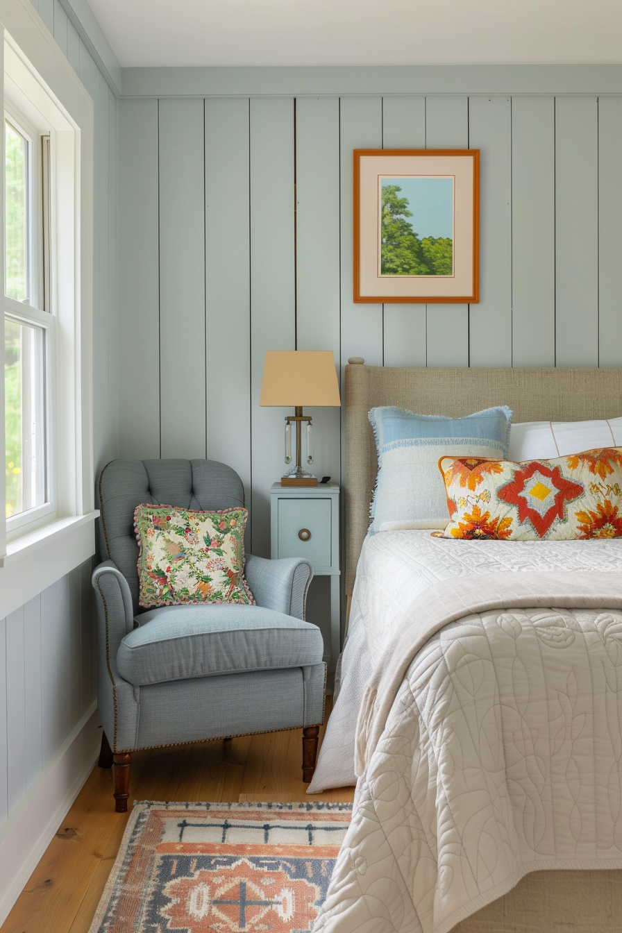 Light blue board and batten walls in a small bedroom.