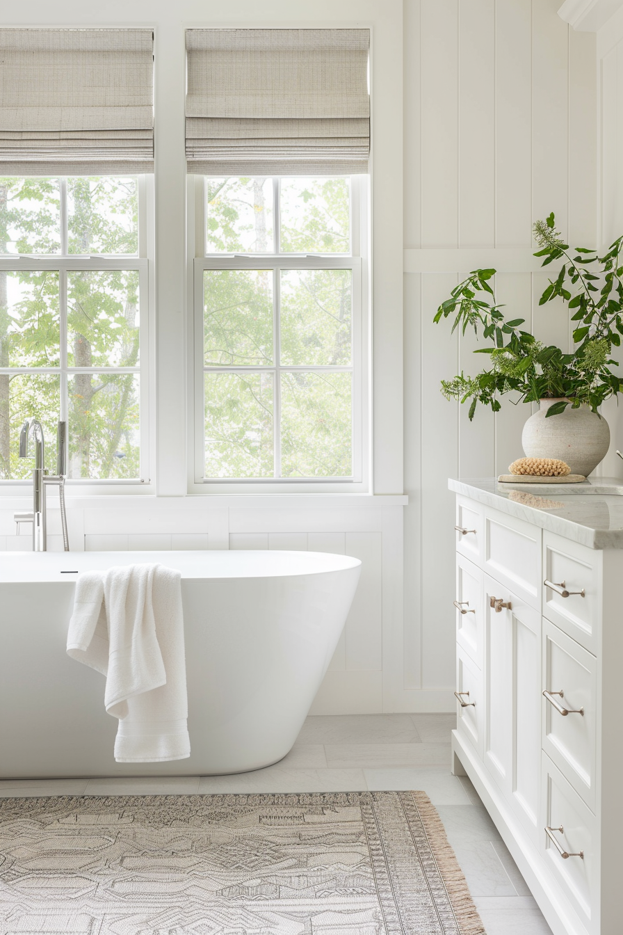 White board and batten walls in a serene bathroom.
