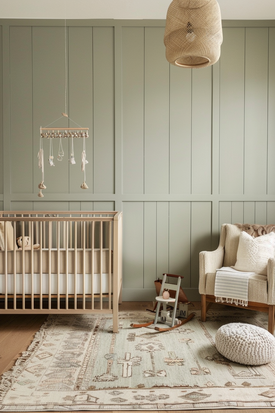 Pastel green board and batten walls in a cozy nursery.