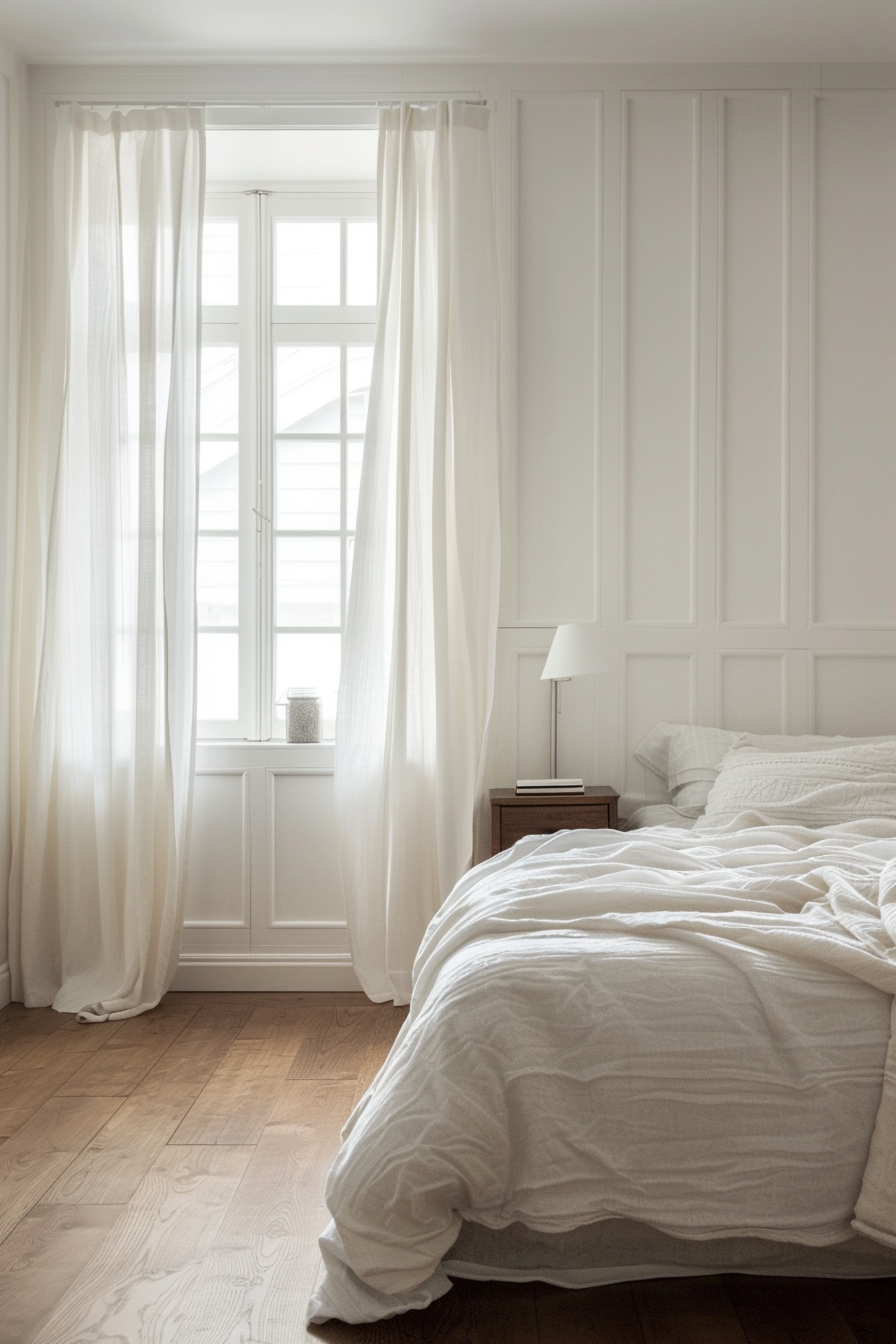 Simple white board and batten walls in a minimalistic bedroom.