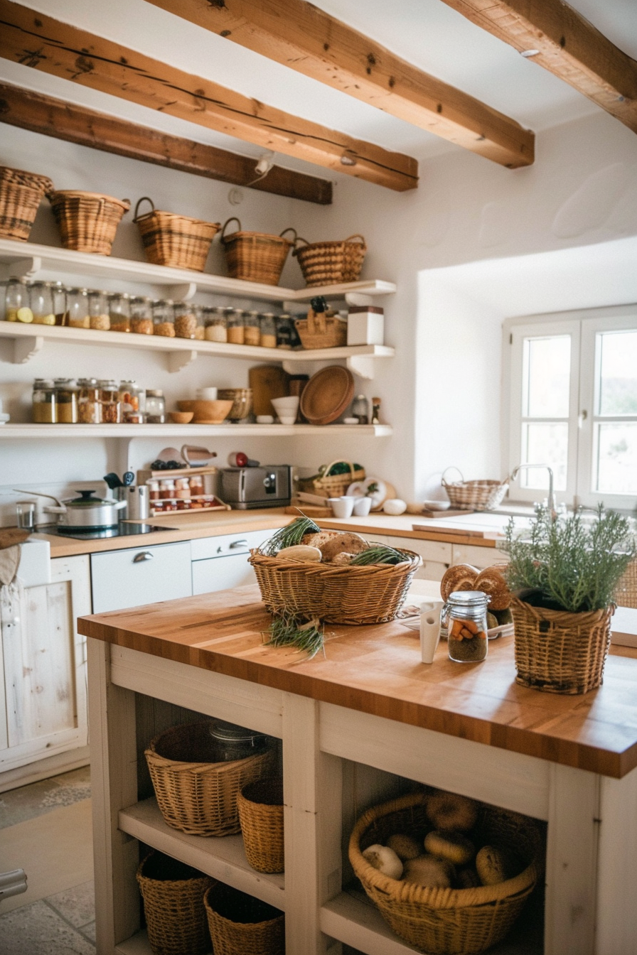 Butcher block island with open shelving