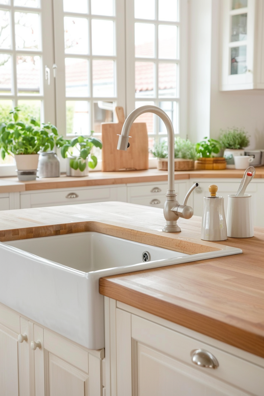 Butcher block island with a sink