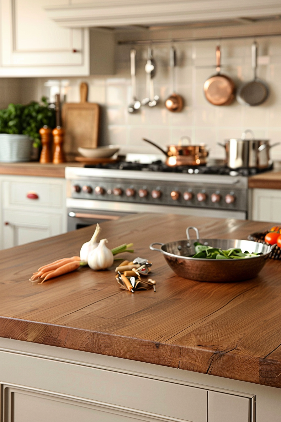 Butcher block island with stove