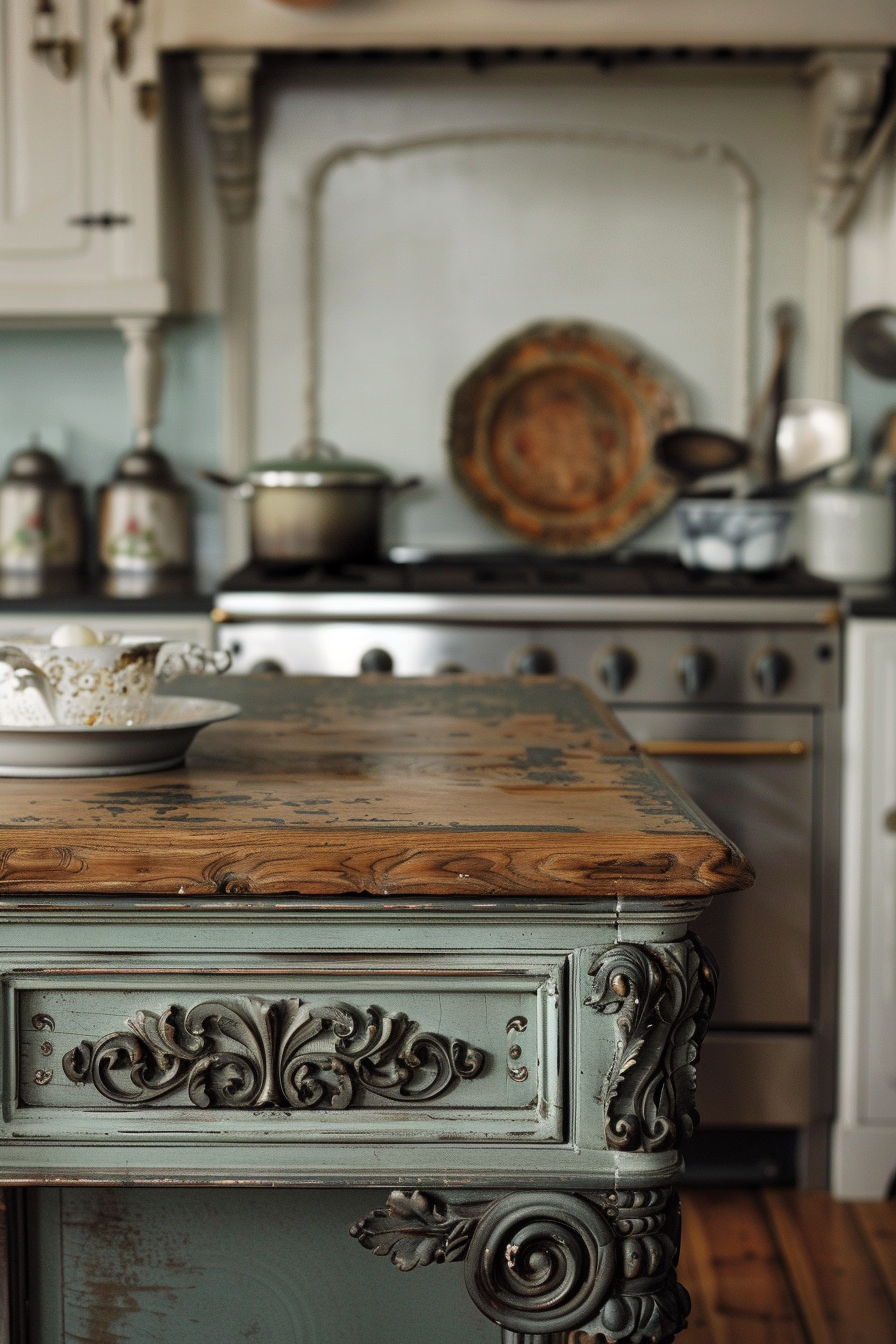 Antique-inspired butcher block island