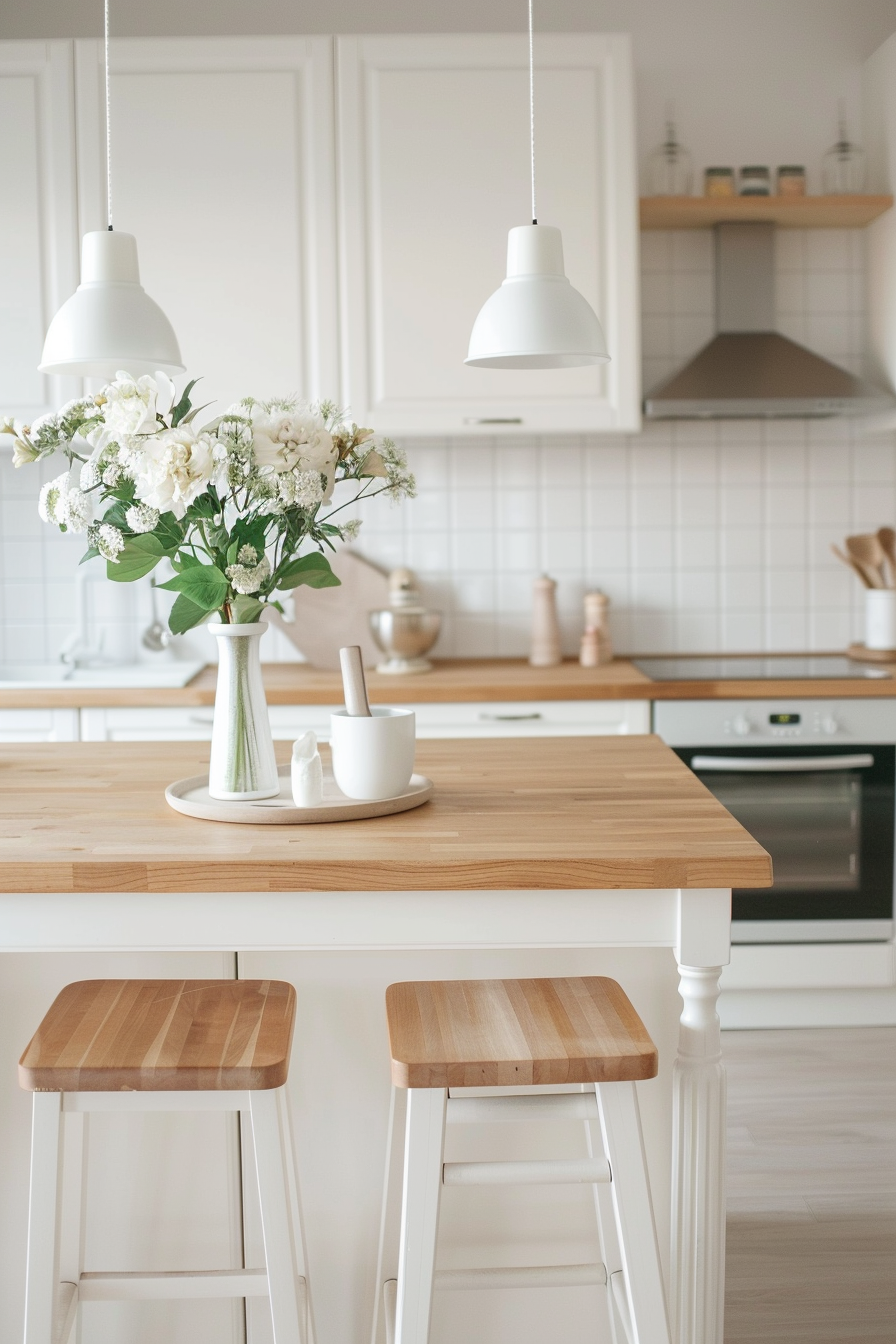 Butcher block island in a white kitchen