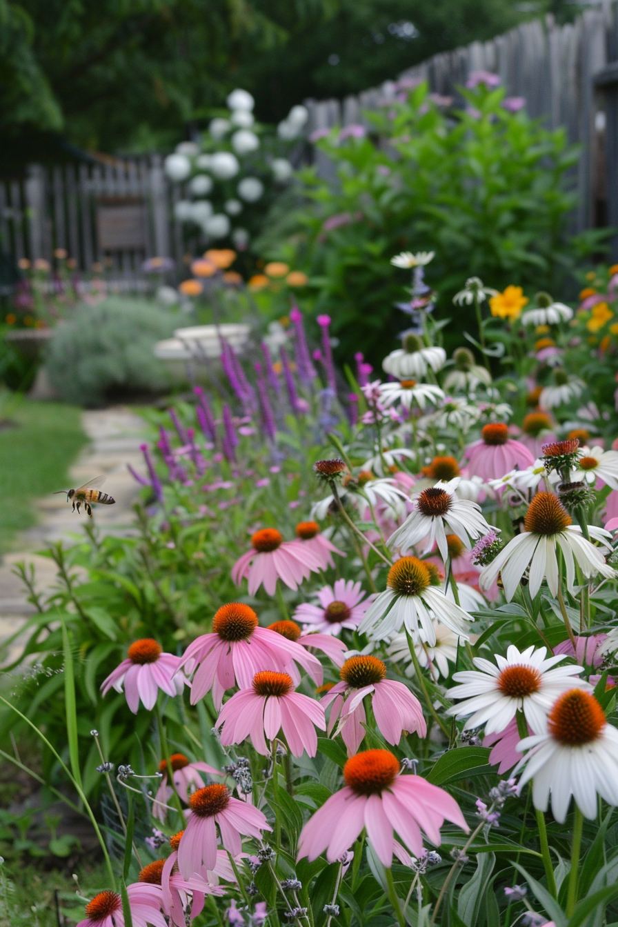 Flowering perennials like coneflowers, peonies, and daisies