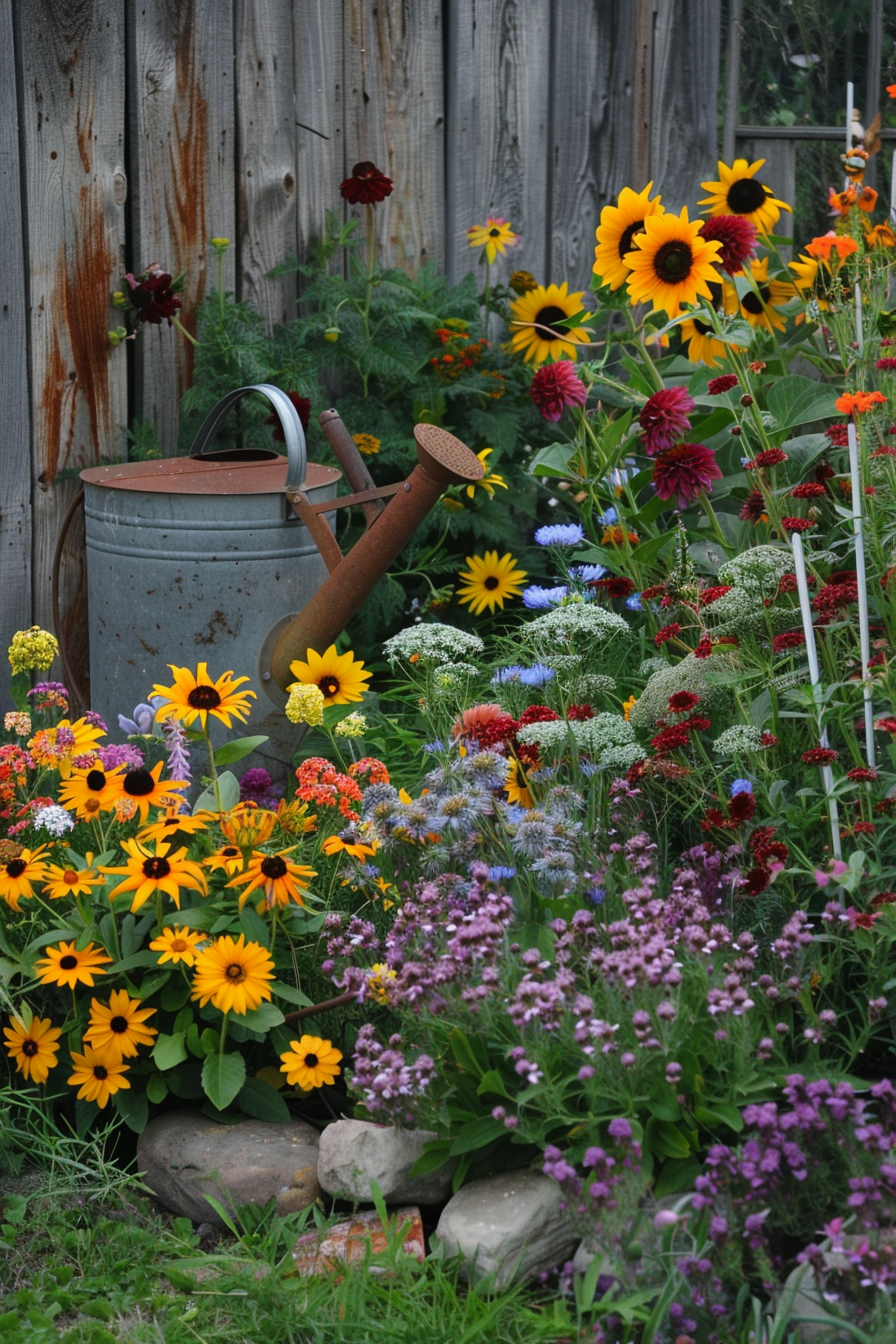 Tall sunflowers and lupines with creeping thyme in front