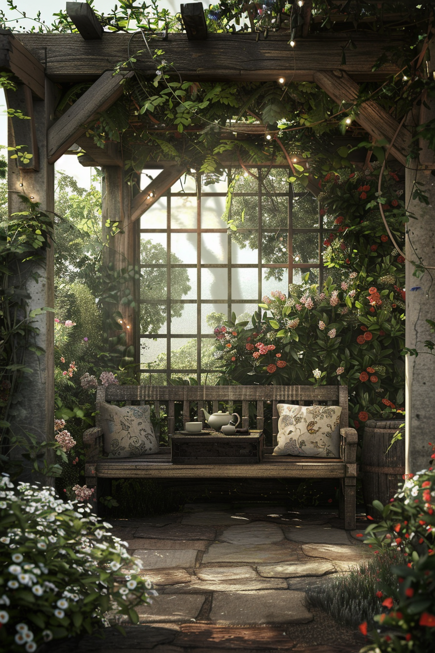 Cozy seating areas with weathered benches or bistro sets