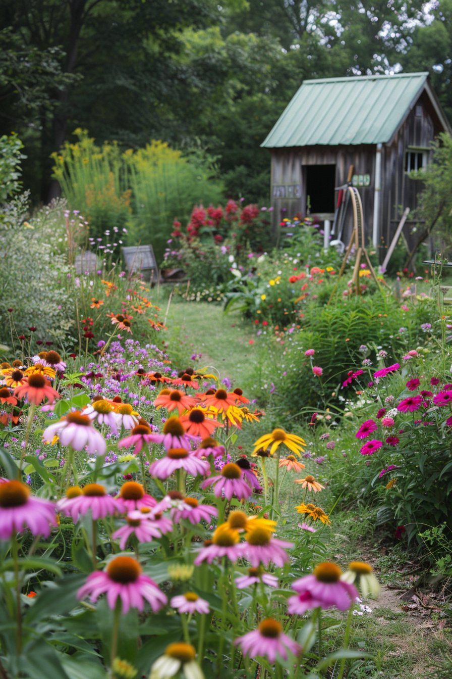 Native plants like echinacea, black-eyed Susan, and bee balm