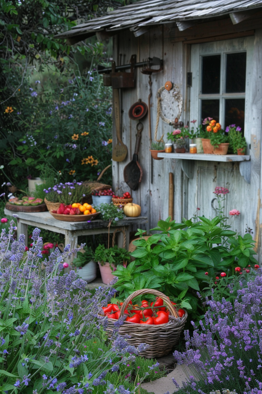 Edible plants like lavender, thyme, strawberries, and cherry tomatoes