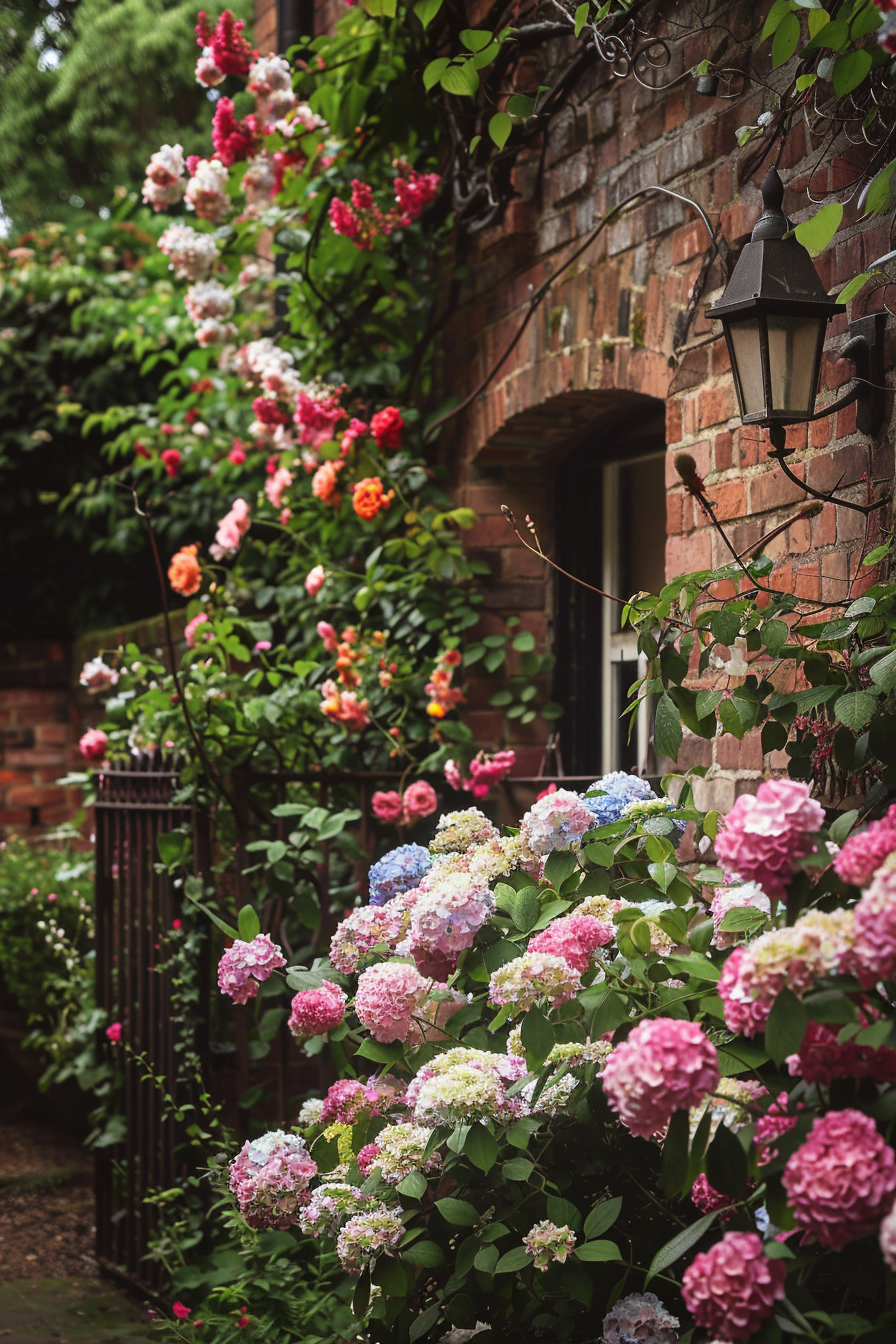 Shrubs like lilac, hydrangea, and spirea