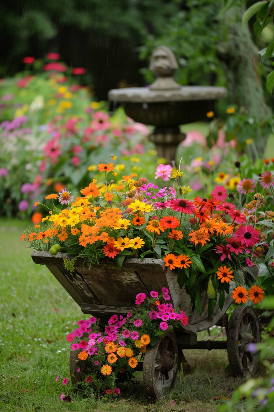 Mix of annuals like marigolds and zinnias with perennials