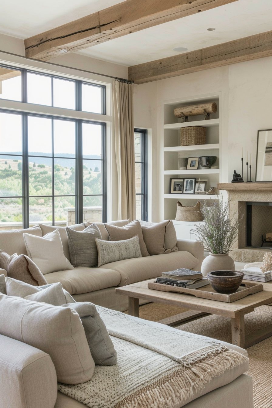 Farmhouse living room with neutral colors