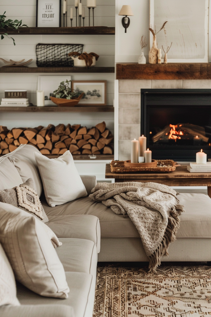 Farmhouse living room centered around a fireplace