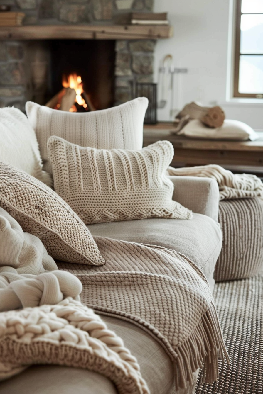 Farmhouse living room with cozy textiles