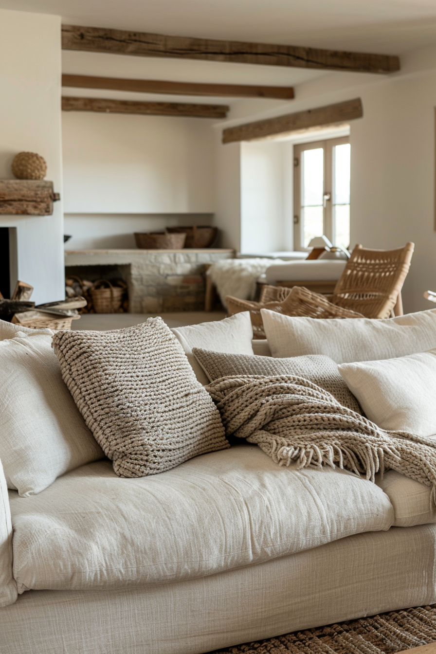Farmhouse living room with cozy textiles