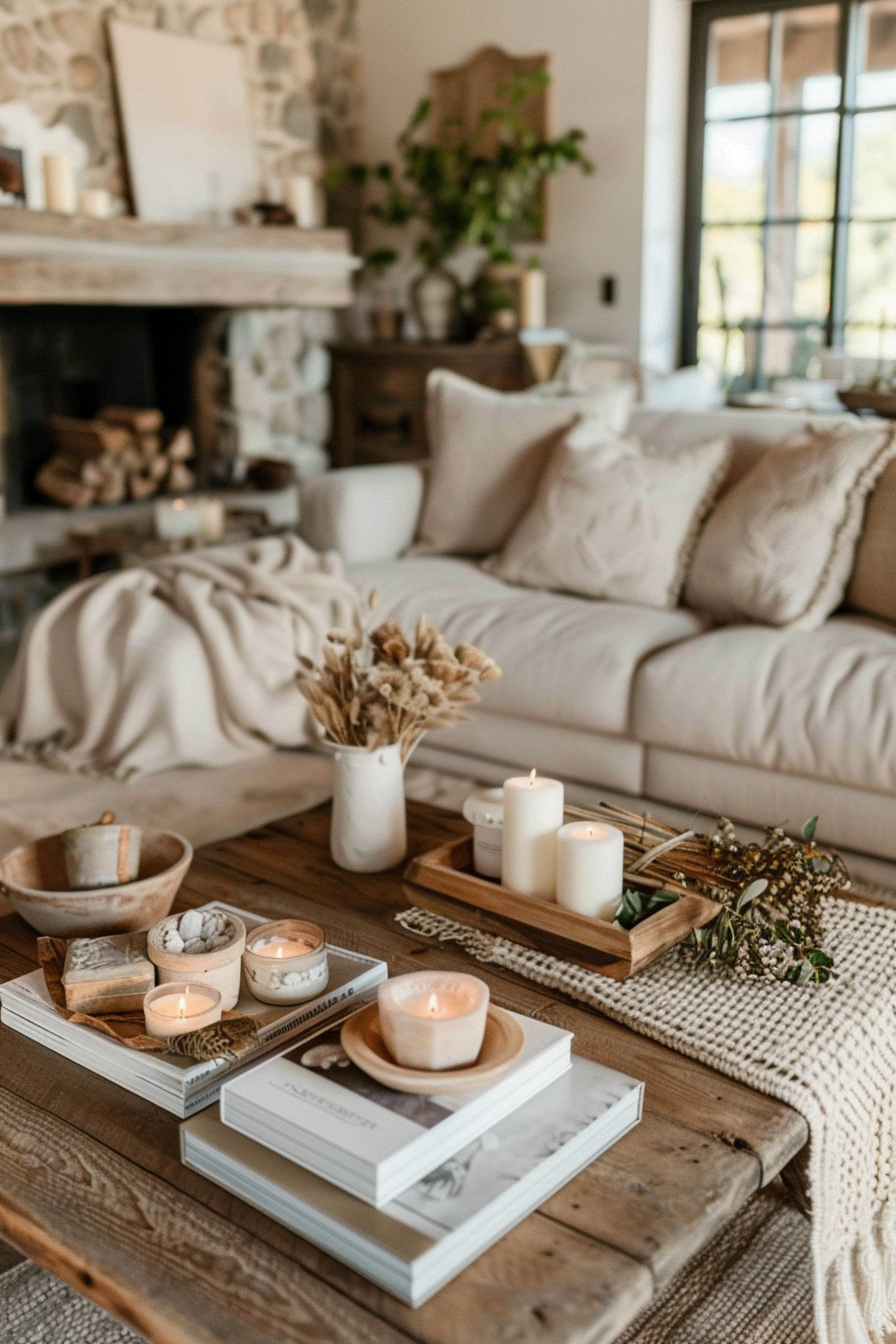 Farmhouse living room with rustic coffee table display