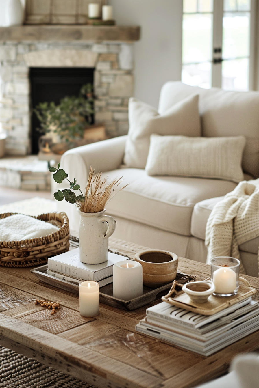 Farmhouse living room with rustic coffee table display