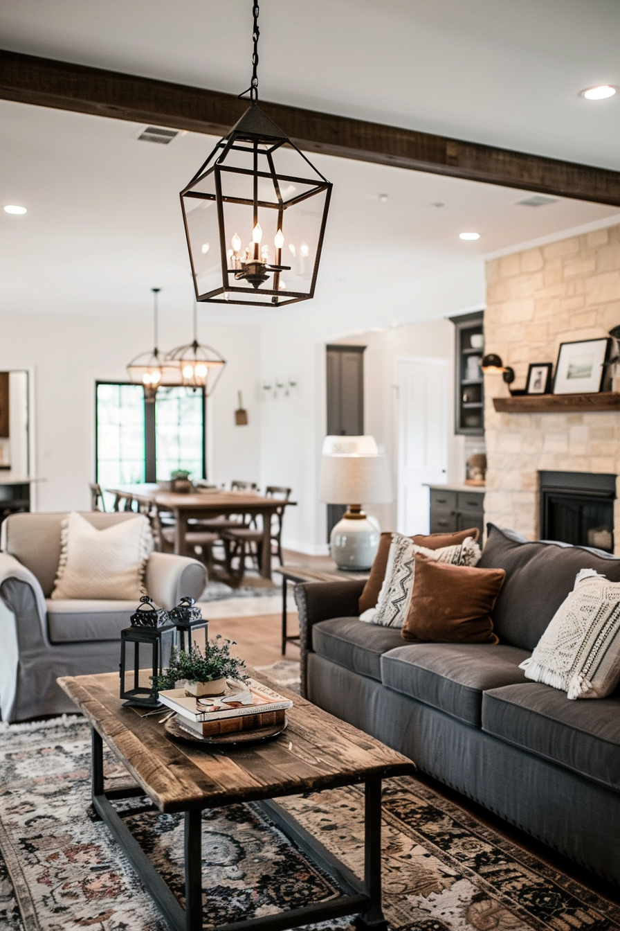 Farmhouse living room with rustic lighting