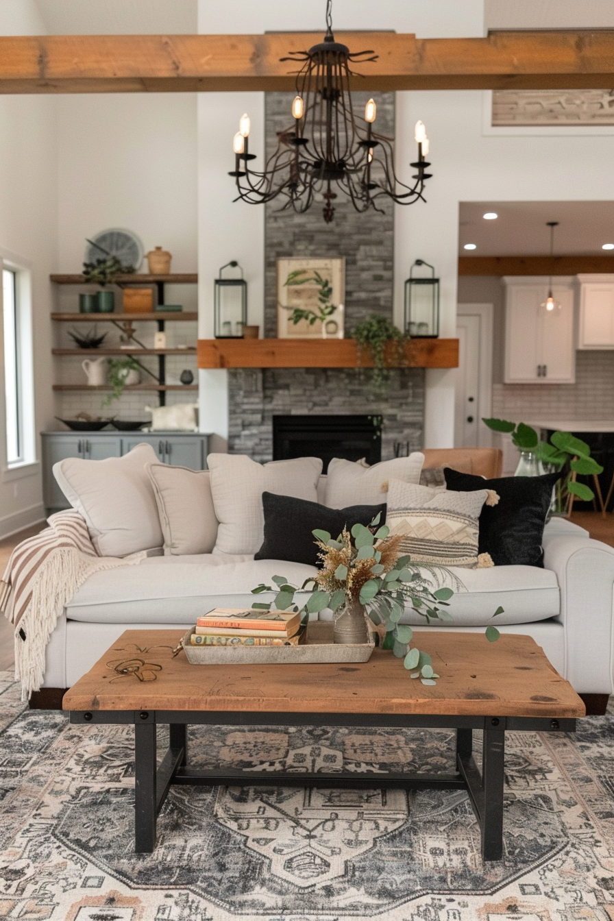 Farmhouse living room with rustic lighting