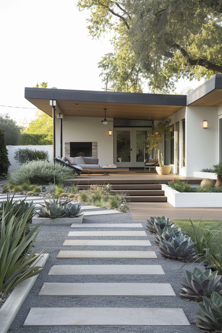 A minimalist landscape with grey gravel and sculptural plants.