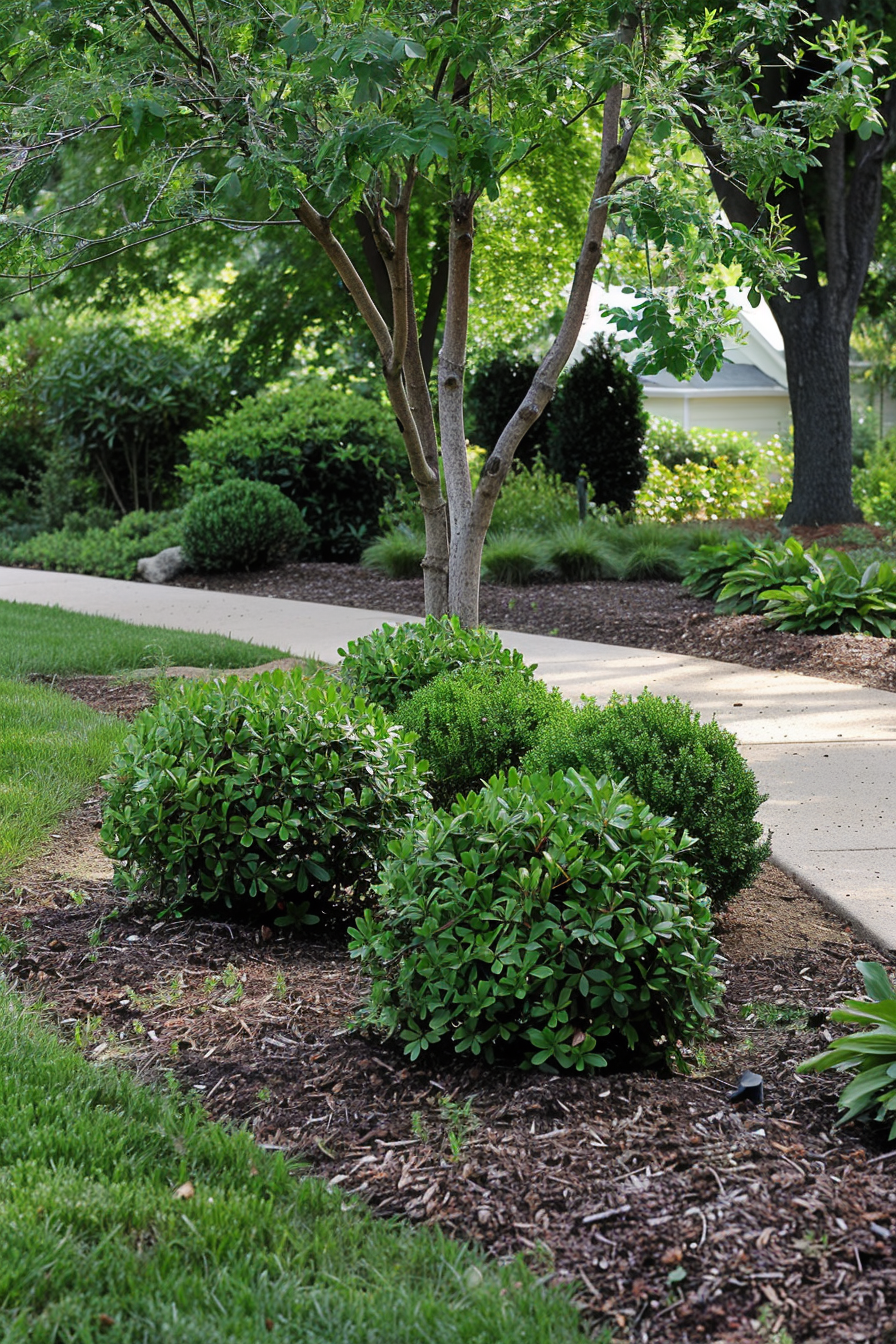 Low-maintenance landscape with hardy shrubs like boxwoods and junipers.