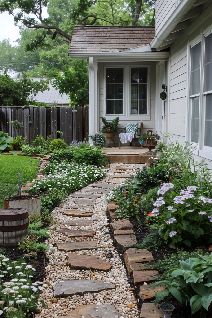 Budget-friendly landscape with perennials, reclaimed materials, and xeriscaping.