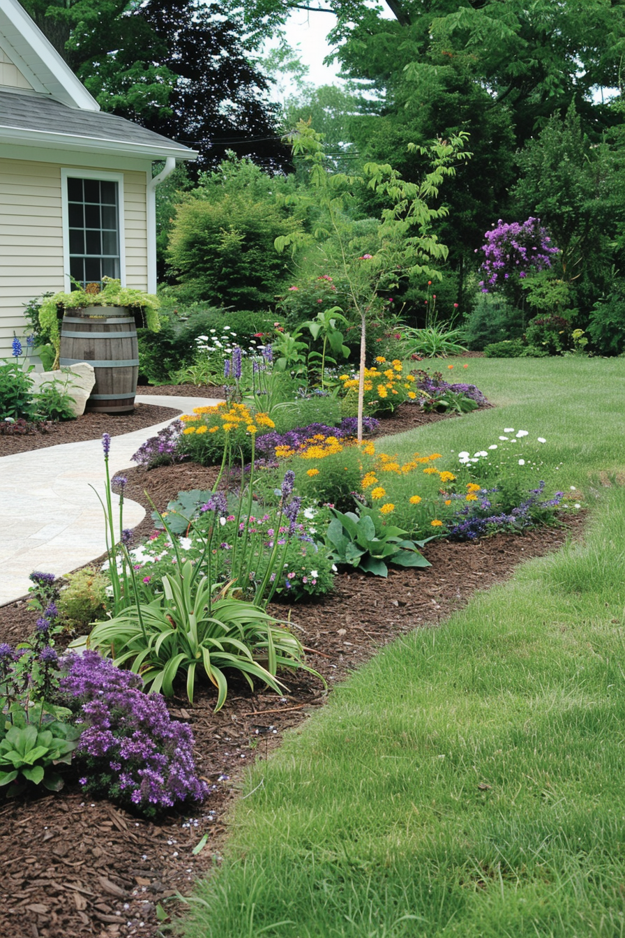 Budget-friendly landscape with perennials, reclaimed materials, and xeriscaping.