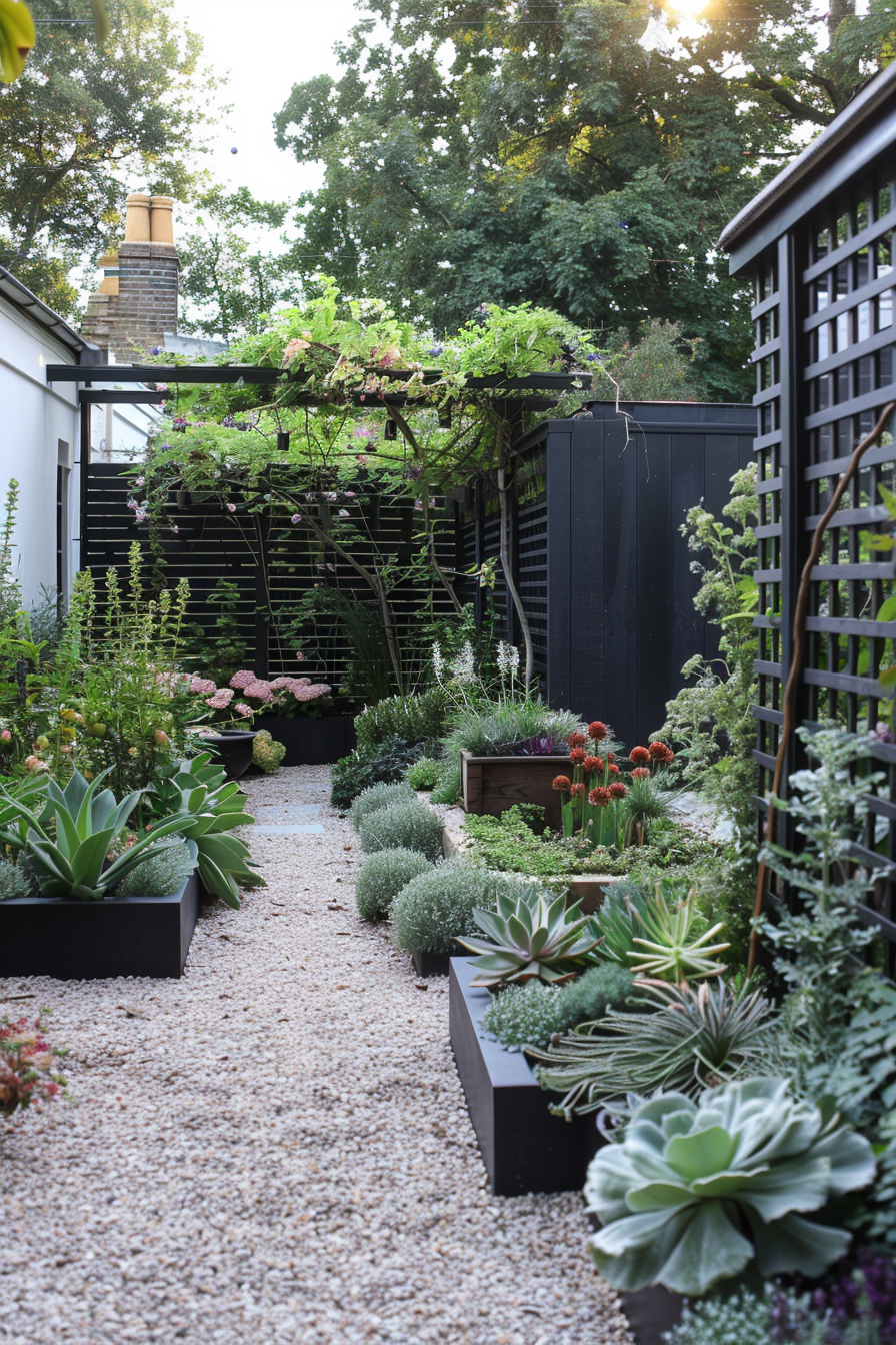 Small garden with compact plants, vertical gardening, and hardscape elements.