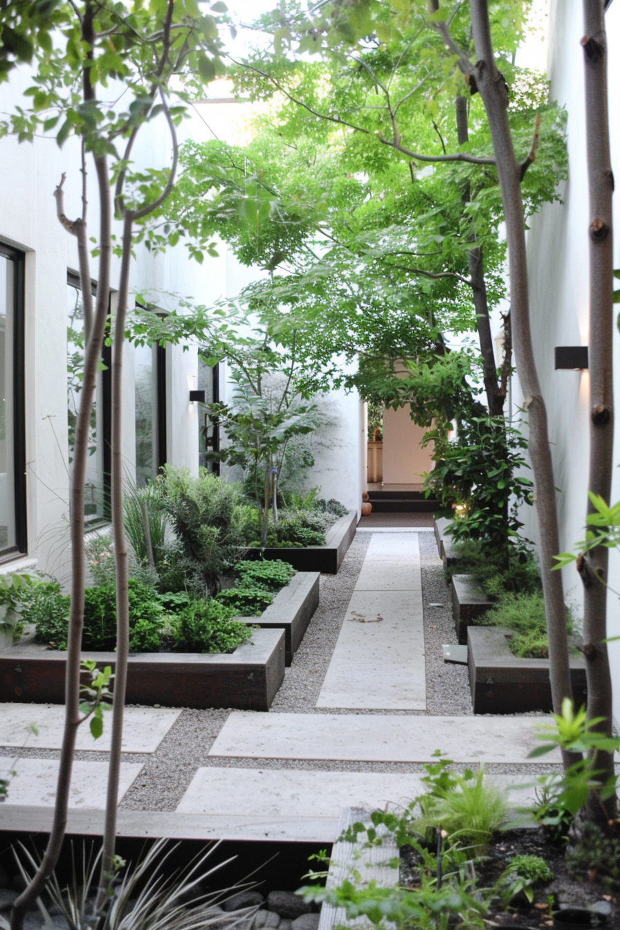 Small garden with compact plants, vertical gardening, and hardscape elements.