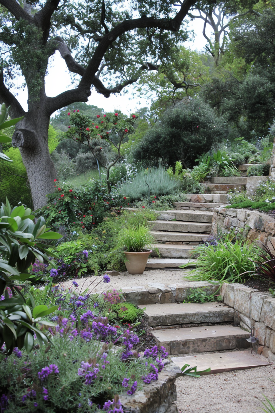 Sloped yard with terracing, ground covers, and stone pathways.
