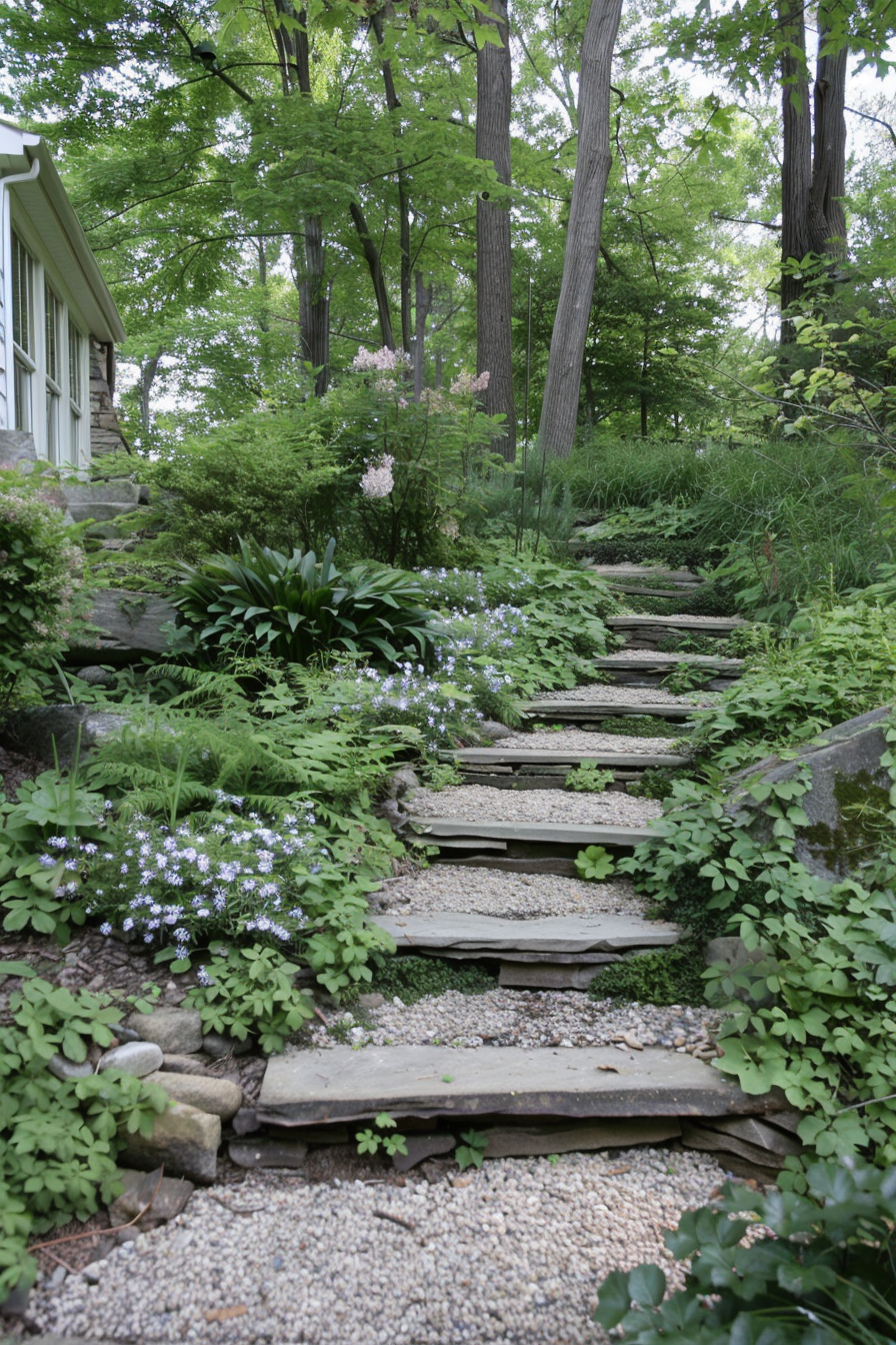 Sloped yard with terracing, ground covers, and stone pathways.