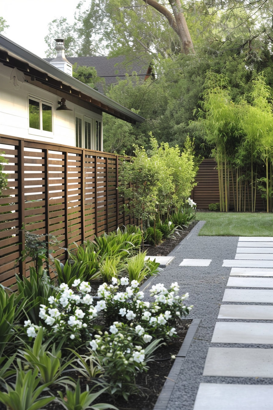 Low-maintenance fence with vinyl, composite, or metal materials.