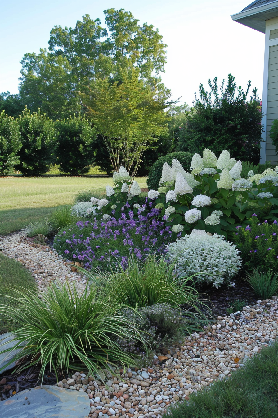 Low-maintenance landscape with drought-tolerant grasses and easy-care shrubs.