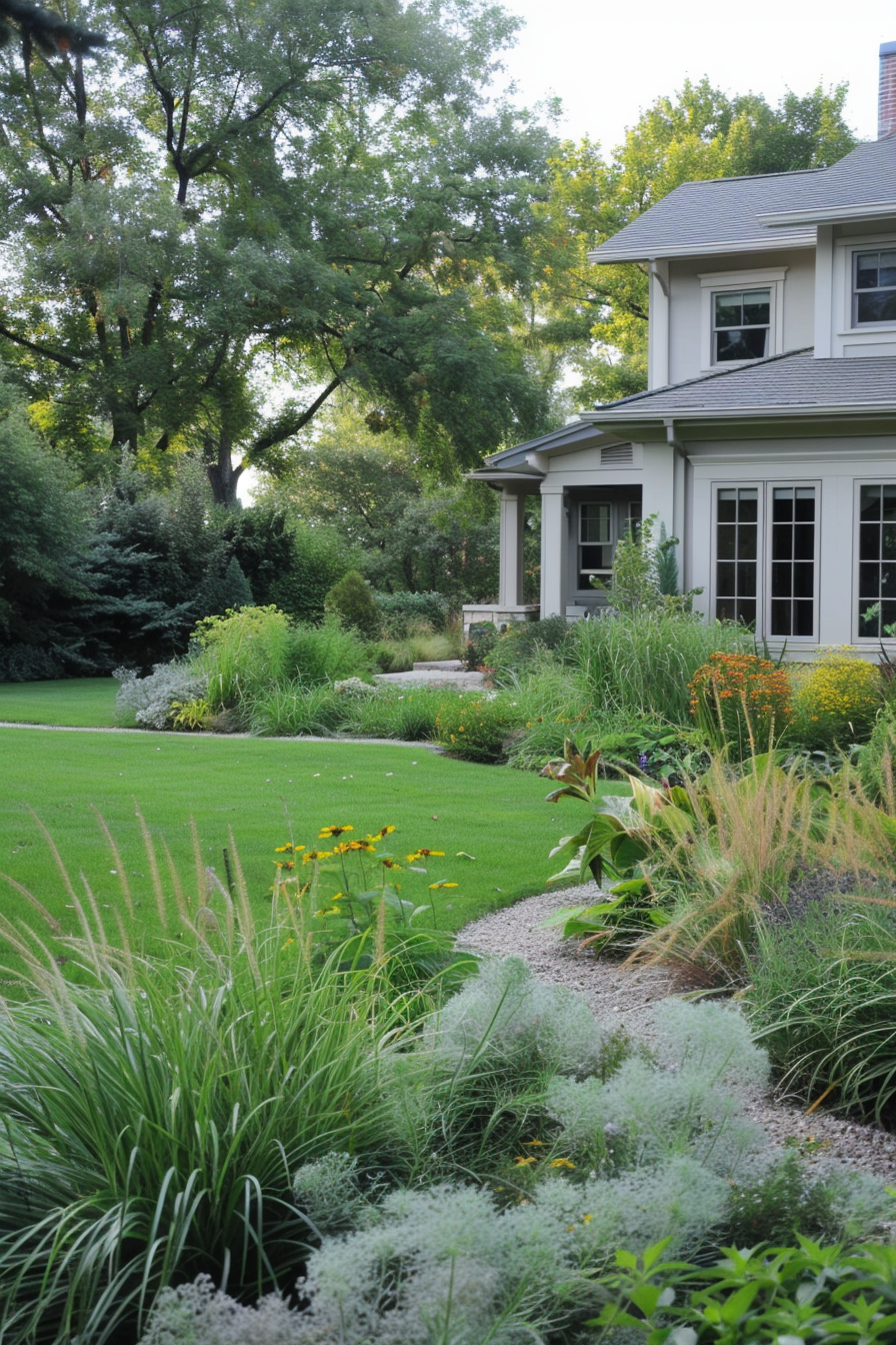 Low-maintenance landscape with drought-tolerant grasses and easy-care shrubs.