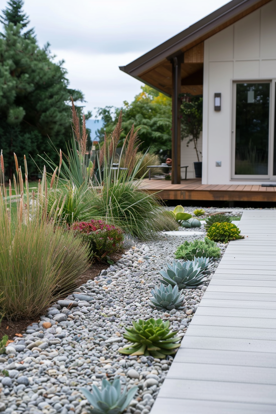 A minimalist landscape with grey gravel and sculptural plants.