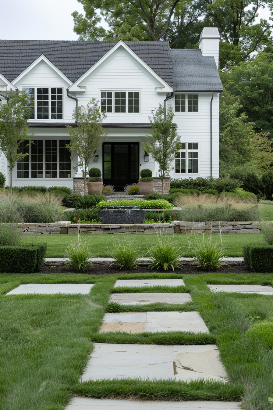 Front yard with a stone pathway, boxwoods, and ornamental grasses.