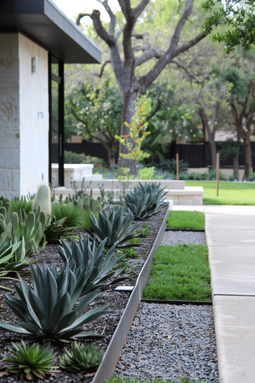 Modern landscape with concrete pavers, architectural plants, and clean lines.
