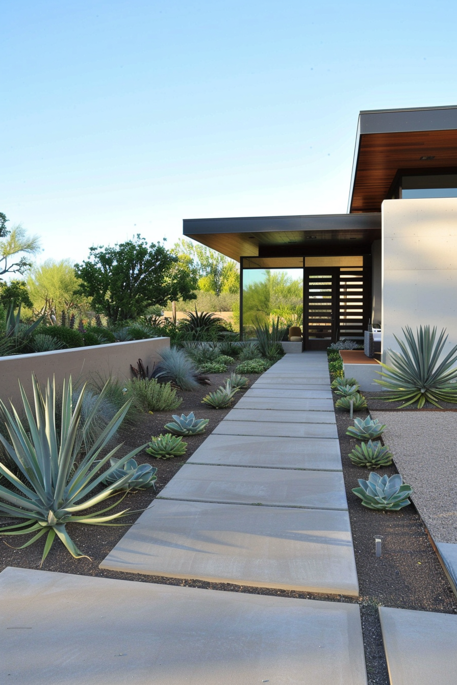 Modern landscape with concrete pavers, architectural plants, and clean lines.