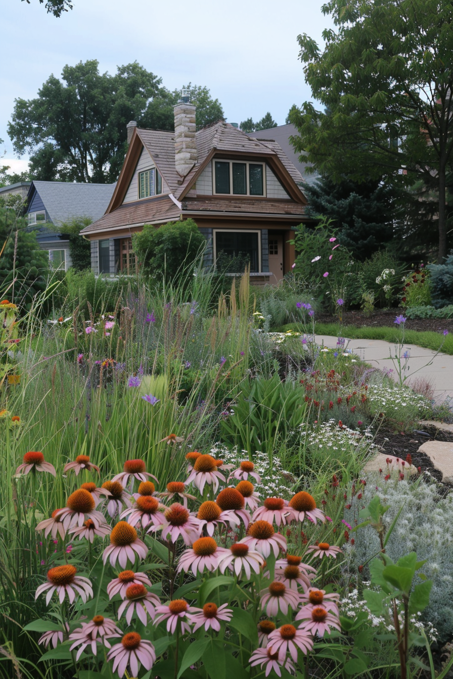 Midwest landscape with native plants and drought-tolerant ground covers.