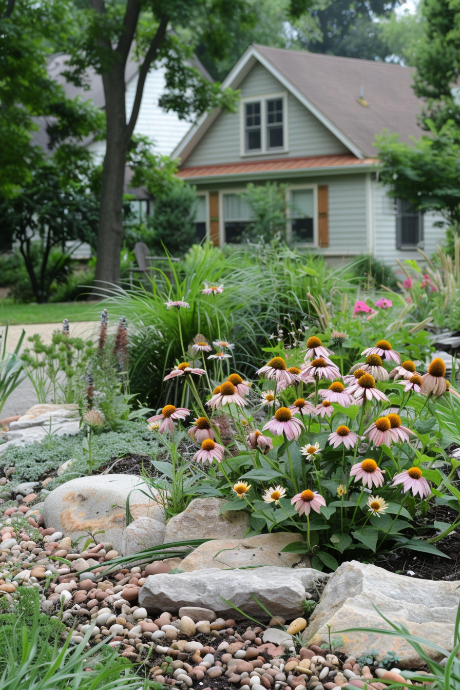 Midwest landscape with native plants and drought-tolerant ground covers.