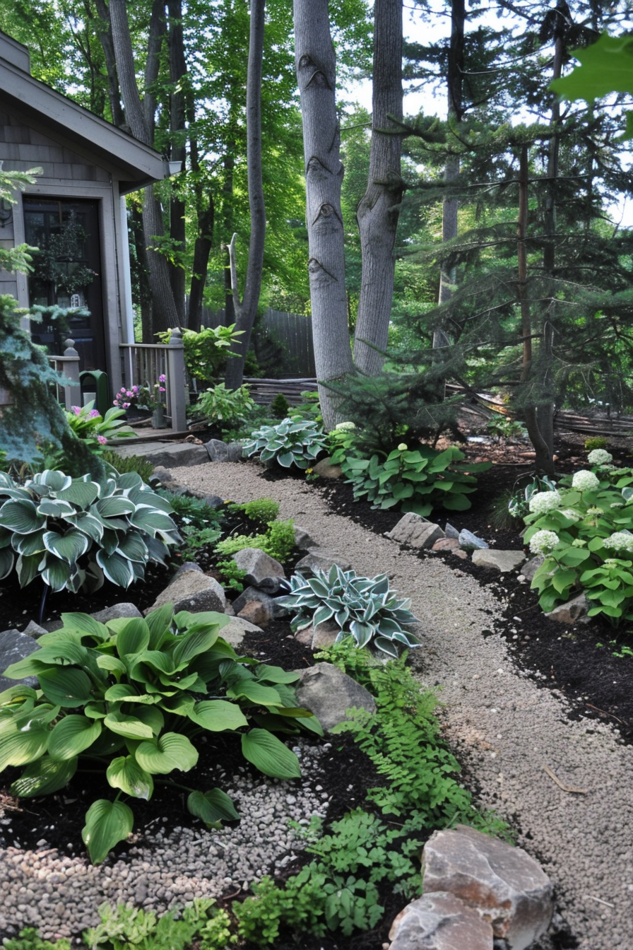 Canadian landscape with cold-hardy plants and low-maintenance ground covers.