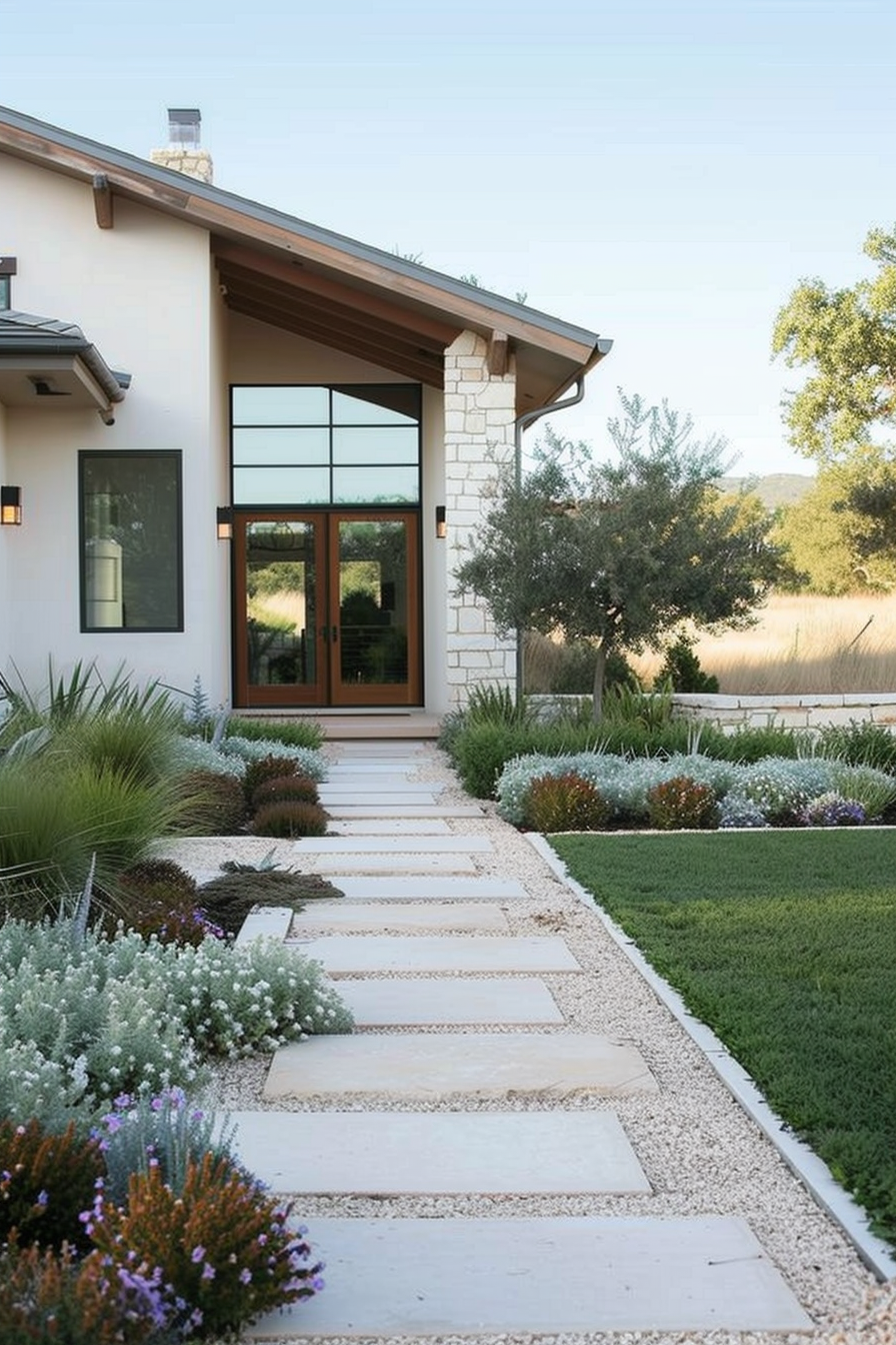 Low-maintenance landscape with drought-tolerant grasses and ground covers.