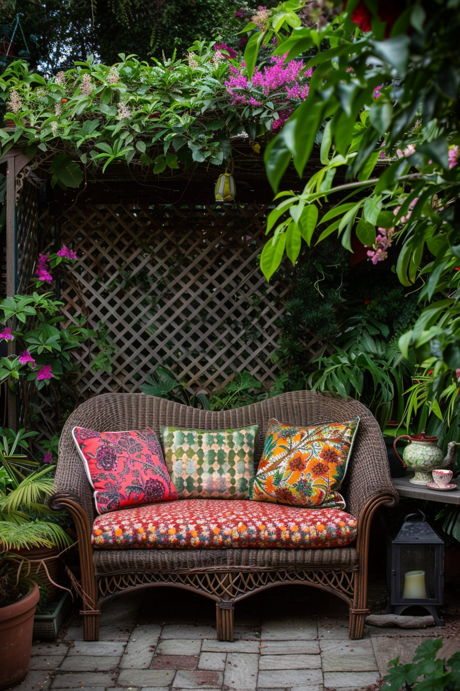 Cozy garden seating nook with roses
