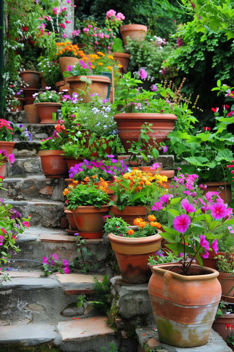 Potted tulips and junipers in a garden