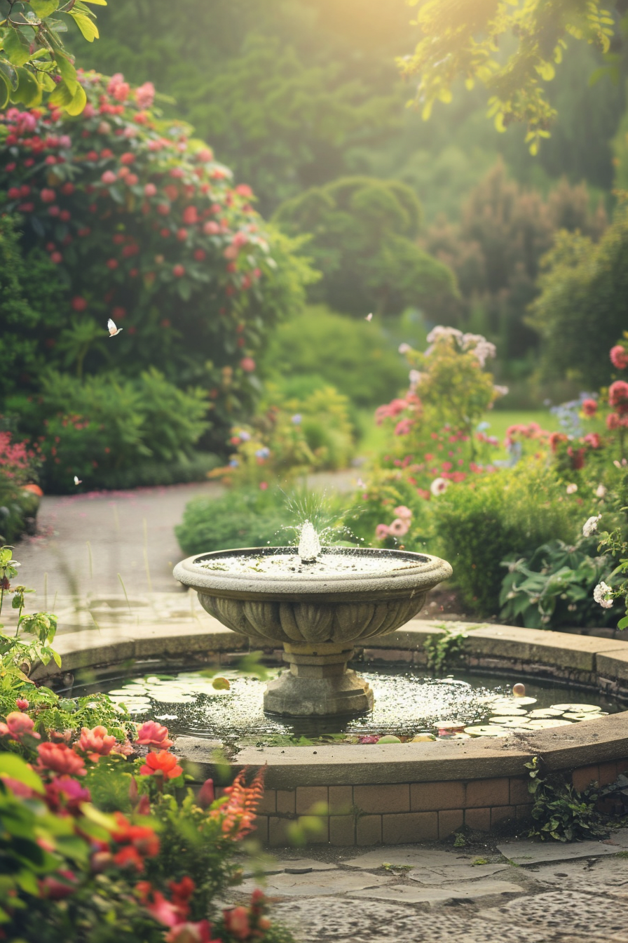 Water feature with water lilies and ferns