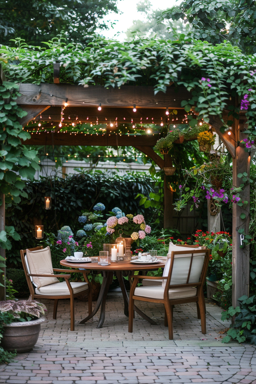 Garden dining area with sunflowers