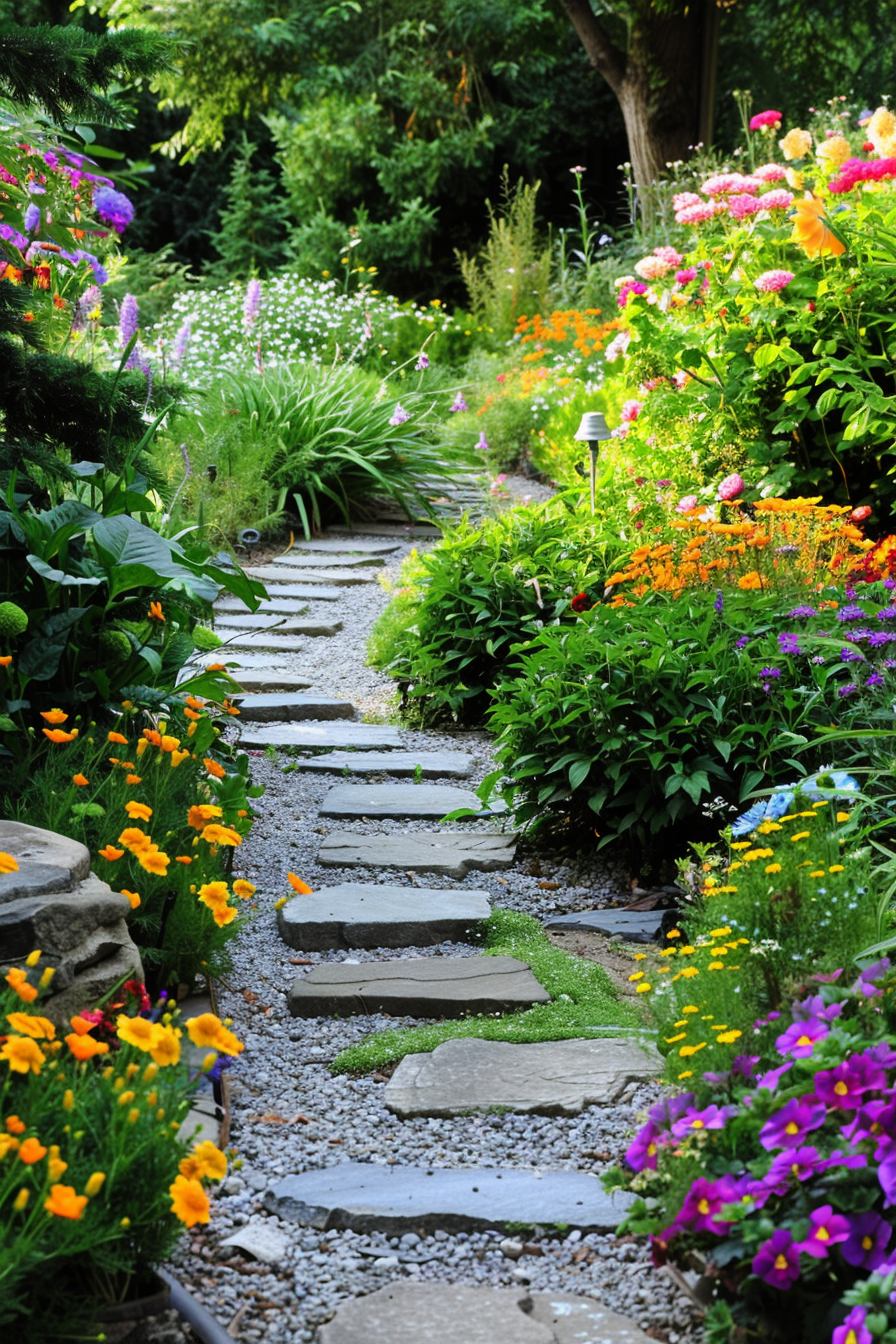 Garden pathway with moss and daffodils