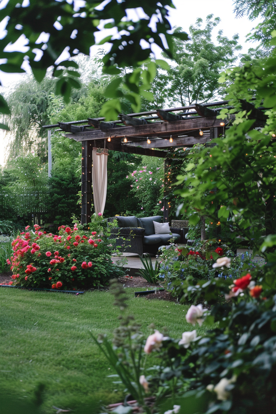Pergola with clematis and pine trees