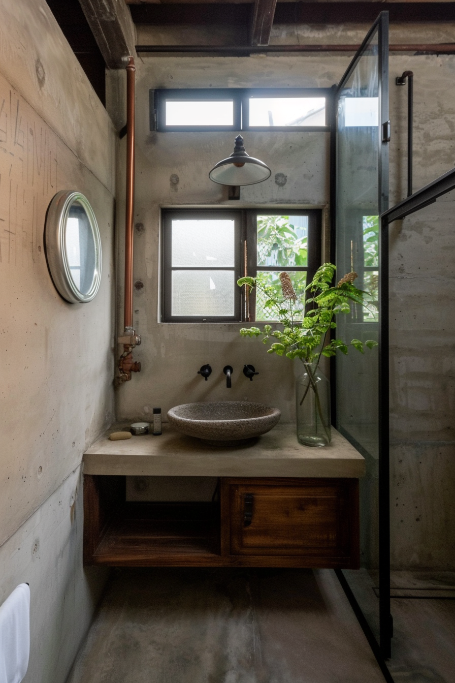 Industrial bathroom with exposed copper pipes against a dark grey concrete wall.